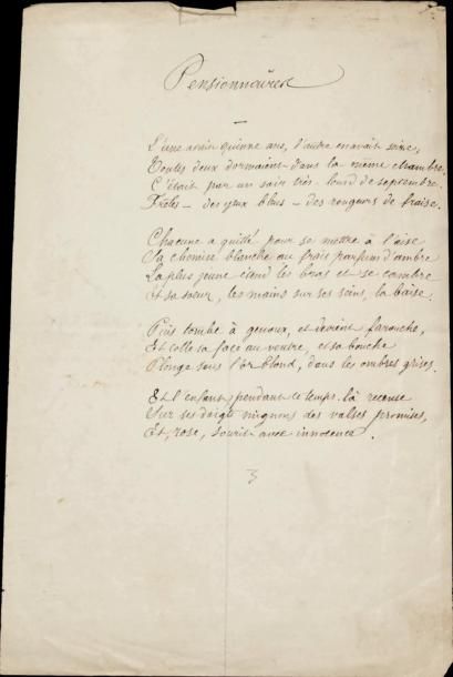 VERLAINE (Paul) (1844-1896 Poème autographe (sans lieu ni date) 2/3 p. in-8: Sonnet...