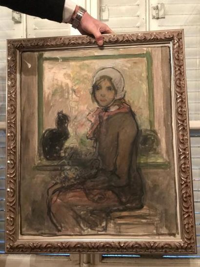 Robert NOIR (1864-1931) Femme et chat noir devant la fenêtre
Huile sur toile non...
