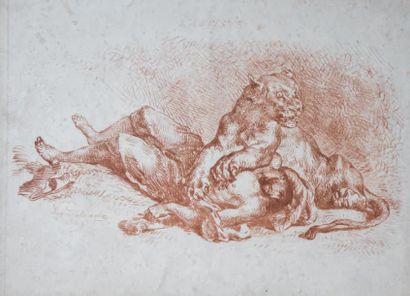 Eugène DELACROIX (1798 - 1863) 
Lionne déchirant la poitrine d'un Arabe. 1849. Vernis...