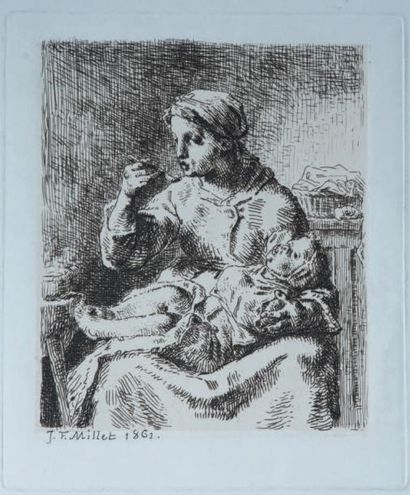 Jean-François MILLET (1814 - 1875) 
La Bouillie. 1861. Eau-forte. 158 x 188 mm. Delteil...