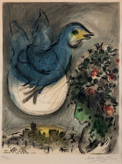 Marc Chagall (1887 - 1985) (d'après) 
L'Oiseau bleu. 1954. Lithographie par Sorlier....