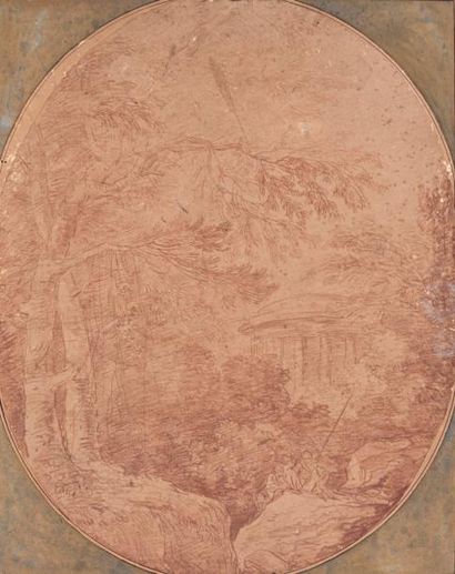 Hubert ROBERT (Paris, 1733 - 1808) 
Paysage animé
Sanguine
48 x 38,5 cm (forme arrondie...