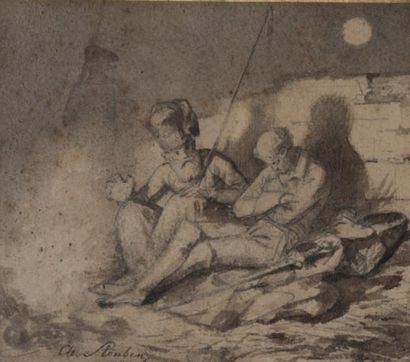 Charles de STEUBEN (Bauerbach 1788 - Paris 1856) 
Cosaque au coin du feu, Le Bivouac
Crayon...