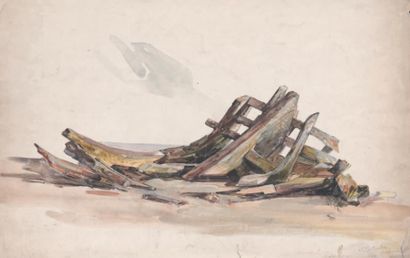 Eugène ISABEY (Paris 1806 - Montévrain 1883) 
Barque échouée en débris
Aquarelle...