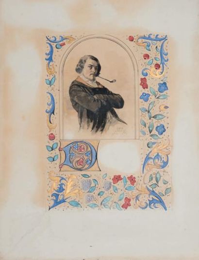 Ecole française vers 1850 
Portrait d'artiste dans un projet de lettrine
Aquarelle...