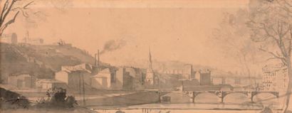 Antoine PONTHUS-CINIER (1812 - 1885) 
Deux vues panoramiques de Lyon
Lavis d'encre...