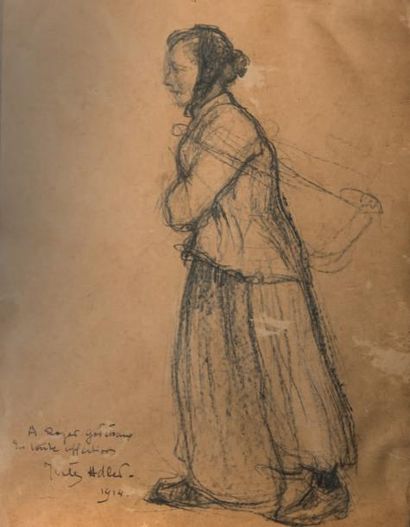 Jules ADLER (Luxeuil 1865 - Nogent sur Marne 1952) 
Femme au cabas
Fusain 32 x 24...