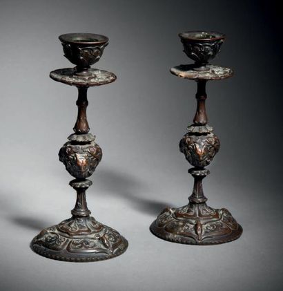 Antoine-Louis BARYE (1796 - 1875) 
Paire de chandeliers à décor néo-gothique
Bronze...