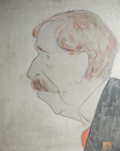 SACHA GUITRY (1885 - 1957) 
Portrait de profil d'Octave Mirbeau Encre et lavis sur...