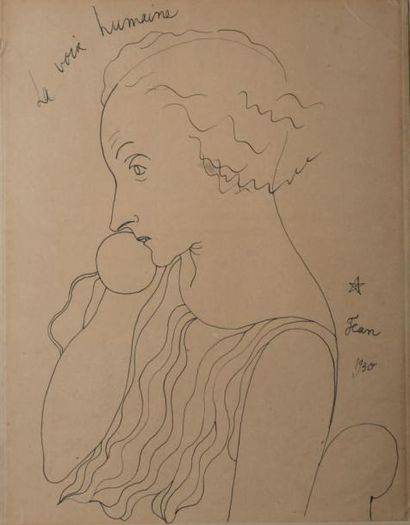 Jean COCTEAU (1889 - 1963) 
Berthe Bovy dans La Voix Humaine
Encre sur carton signé...