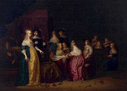 Godaert KAMPER (Düsseldorf 1613 - Leyde 1679) 
Réunion galante
Panneau parqueté
Signé...