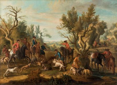 École FRANÇAISE vers 1740, entourage de Jean Baptiste Oudry 
Scène de chasse à courre...