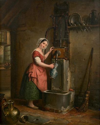 Henri DECOENE (Nederbrakel 1798 - Bruxelles 1866) 
Jeune femme puisant de l'eau
Panneau...