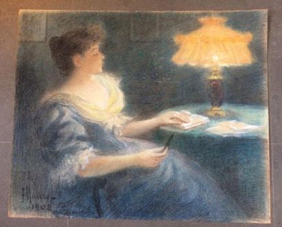 MAUREL Portrait de femme à sa table de travail
Pastel sur papier
42 x 51 cm.