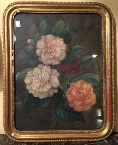 Ecole française deuxième moitié du XIXe. «Trois pivoines».
Huile sur carton.
H. 31...