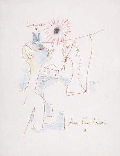 COCTEAU Jean. FAUNE SÉDUISANT UNE FEMME. DESSIN ORIGINAL À L'ENCRE REHAUSSÉ SIGNÉ....