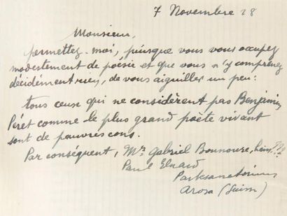 PÉRET Benjamin. LETTRE AUTOGRAPHE SIGNÉE à PAUL ÉLUARD. 6 novembre [1928] ET LETTRE...