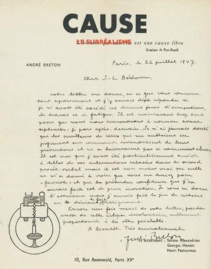 BRETON André. 18 LETTRES AUTOGRAPHES SIGNÉES À JEAN-LOUIS BÉDOUIN. 22 juillet 1947...