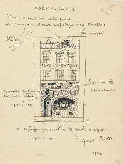 BRETON André. JACK L'ÉVENTREUR. POÈME-OBJET SIGNÉ. 1943. 1 page in-4.
Poème-objet...