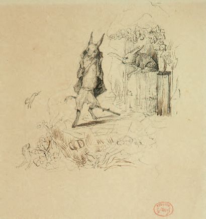 DORÉ (Gustave) CHARMANT PETIT DESSIN ORIGINAL à la plume figurant deux lièvres, dans...