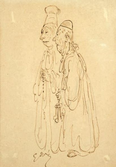 DORÉ (Gustave) DESSIN ORIGINAL au crayon et à la plume représentant deux moines,...