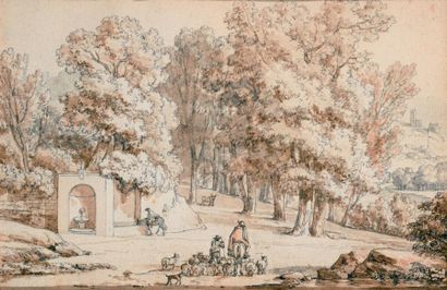 JEAN JOSEPH XAVIER BIDAULT (1758-1846) Abreuvoir en forêt, vers 1790-1800 Crayon...