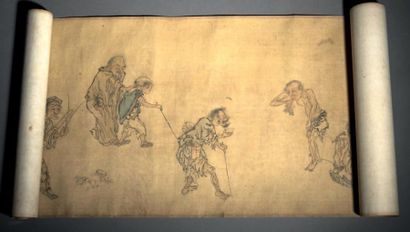 CHINE - XIXe siècle Encre et couleurs sur soie, représentant les déshérités: mendiants,...