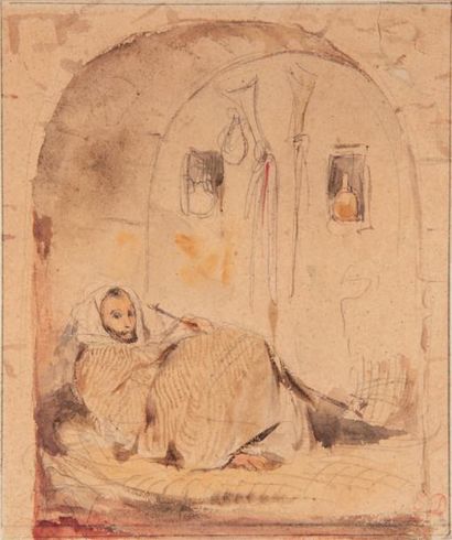 Eugène DELACROIX (1798-1863) Marocain dans un intérieur
Mine de plomb et aquarelle...