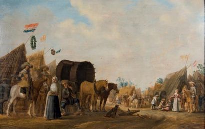 ATTRIBUÉ À JAN JANSZ VAN DER STOFFE (1611-1682) Scène de campement militaire Panneau...