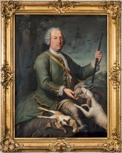 École Allemande du XVIIIe siècle * Portrait d'un chasseur Toile 128 x 96 cm Accidents...
