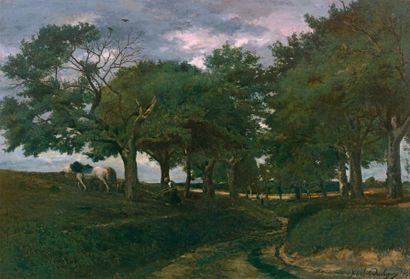 KARL-PIERRE DAUBIGNY (1846-1886) Chemin creux à Auvers, 1865
Huile sur toile Signée...