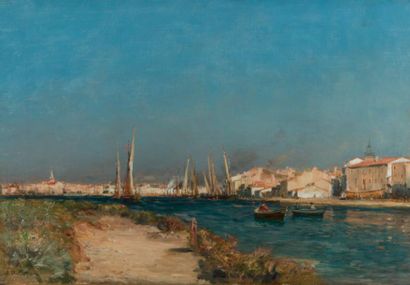 JEAN-BAPTISTE OLIVE (1848-1936) Canal à Martigues, l'île de Ferrière Huile sur toile...
