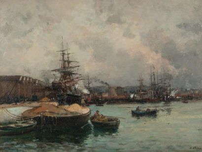 JEAN-BAPTISTE OLIVE (1848-1936) Les docks de Marseille Huile sur toile Signée en...