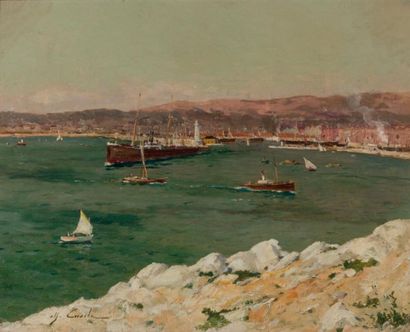 Alfred CASILE (1848-1909) Entrée du port de Marseille, le phare Sainte Marie
Huile...