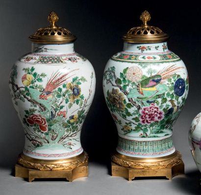 CHINE Deux vases en porcelaine à décor polychrome des émaux de la famille verte de...