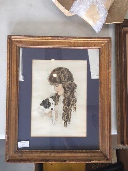 null Ecole française vers 1920 Femme au chien Aquarelle 28 x 20 cm