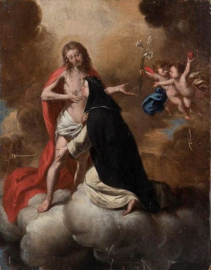 null ECOLE ESPAGNOLE DU DÉBUT DU XVIIIE SIÈCLE Sainte Thérèse en adoration Panneau...