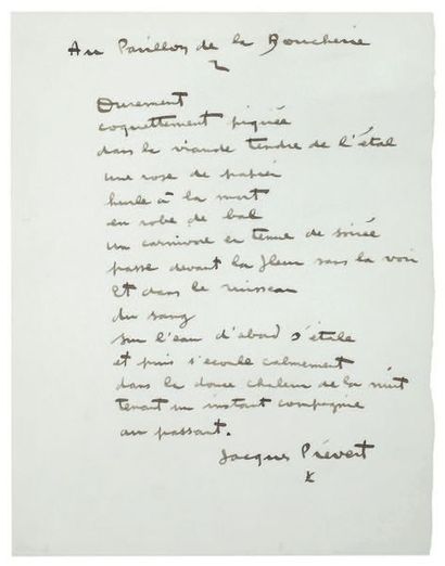 PRÉVERT Jacques AU PAVILLON DE LA BOUCHERIE. POÈME AUTOGRAPHE SIGNÉ, [1948]. Une...