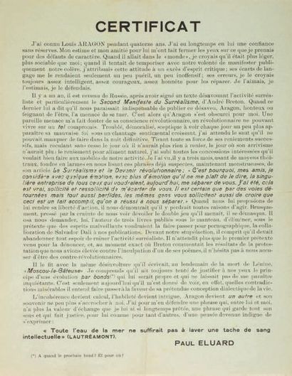 null TRACT. CERTIFICAT. Paris, mars 1932; feuillet in-4 sur papier vert.
Tract virulent...