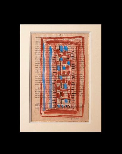 BISSIERE Roger GOUACHE SUR PAGE DE LIVRE IMPRIMÉ. 21,3 x 13,5 cm, sous encadrement.
Composition...