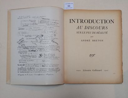 BRETON André INTRODUCTION AU DISCOURS SUR LE PEU DE RÉALITÉ. Paris, Librairie Gallimard,...