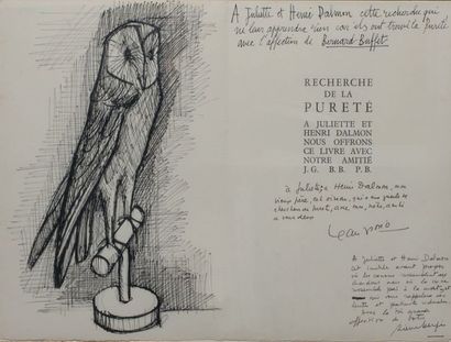 BUFFET Bernard CHOUETTE. DESSIN ORIGINAL À L'ENCRE. 38 x 25,5 cm (dessin), 38 x 51...