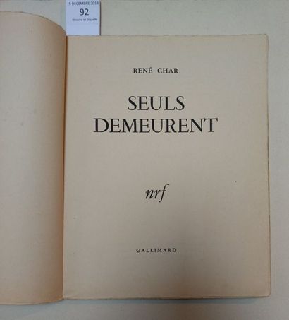 CHAR René SEULS DEMEURENT. Paris, Gallimard, 1945. In-4, broché.
Édition originale...