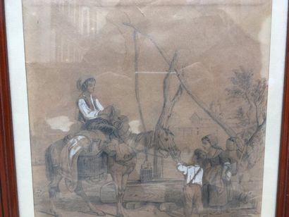ECOLE FRANCAISE DU XIXème siècle Ensemble de deux dessins:
- Enfants à l'âne, crayon...