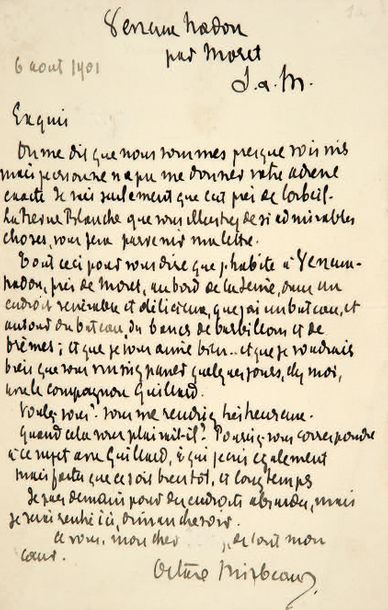 MIRBEAU (Octave) Lettre autographe à Alfred Jarry datée " 6 aout 1901"-
Invitation...