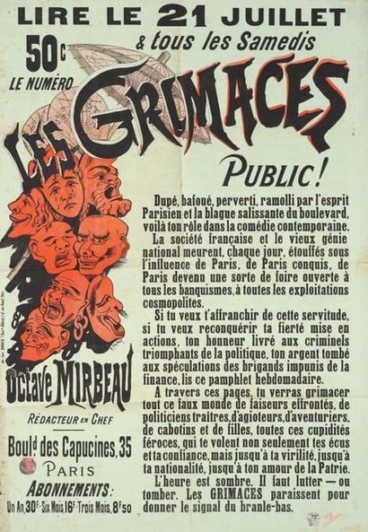 MIRBEAU Octave Les Grimaces. Paris, Imprimerie Chaix, s.d. BELLE ET GRANDE AFFICHE...