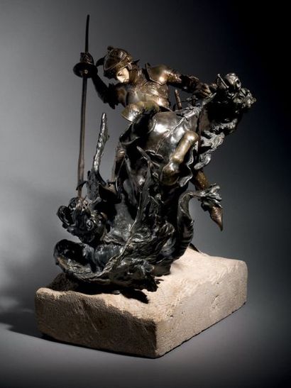 Léon PERZINKA (Actif de 1887 à 1903) Saint Georges terrassant le dragon
Bronze à...