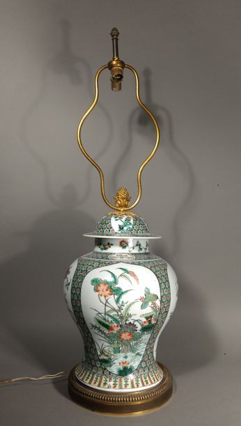 CHINE Vase à décor polychrome des émaux de la famille verte de rochers fleuris dans...