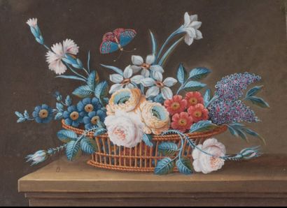 LELONG (actif au début du XIXe siècle) Une paire: deux corbeilles de fleurs sur des...