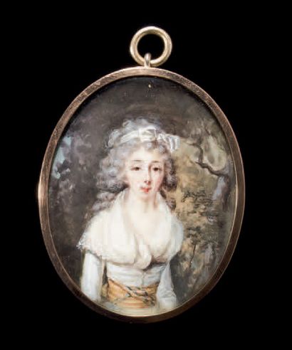 Augustin RITT (1765-1799), entourage de Portrait de jeune femme en robe de soie blanche...